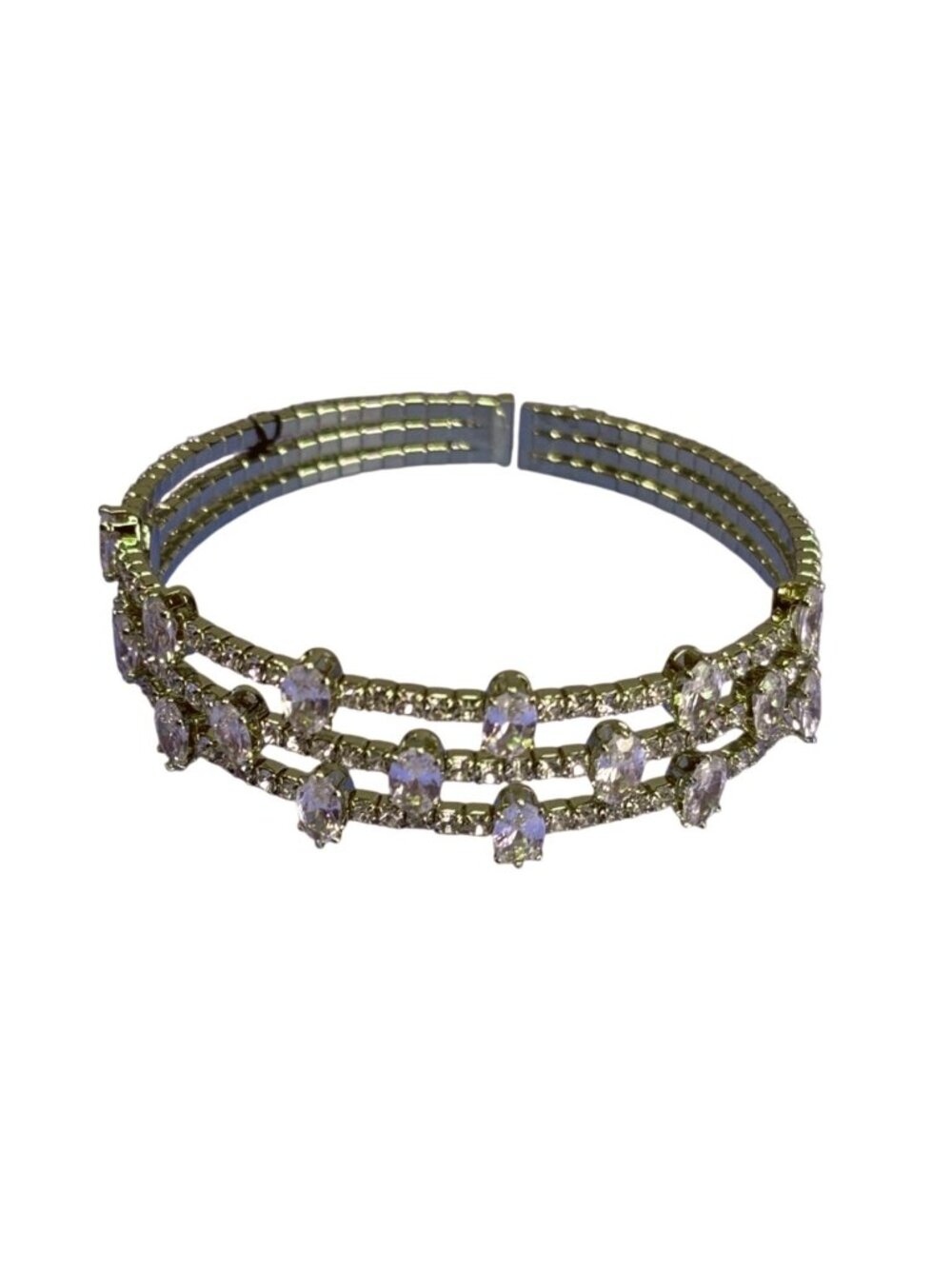 Triple Row Gold Tone Cuff Bracelet With Marquise Cut Crystal Rhinestones - Picture 3 of 7